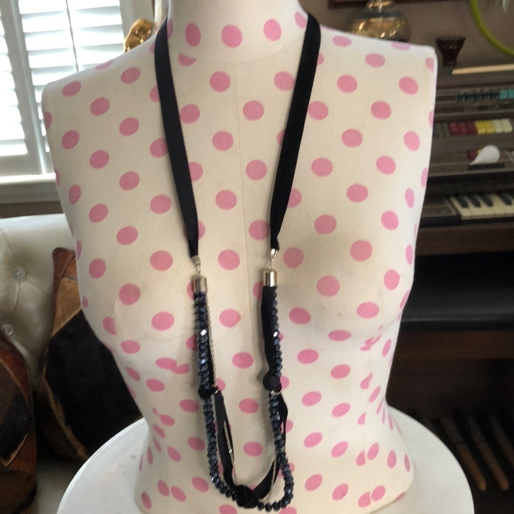 Black Ribbon with Crystals and Chain Accents Necklace